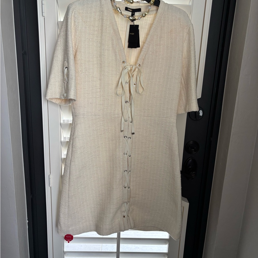 Maje Cream Lace-Up Front Short Sleeve Dress